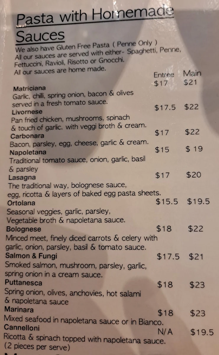 Menu, Mamma Mia Pizza