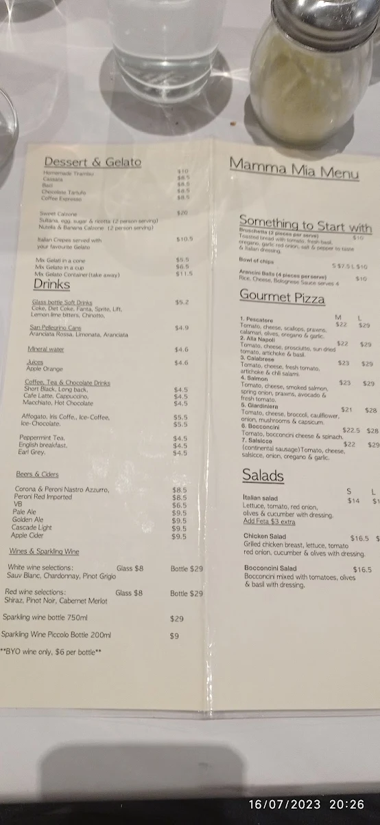 Menu, Mamma Mia Pizza