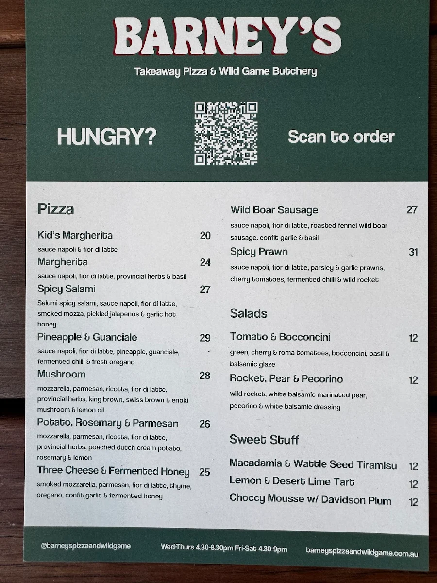 Menu, Barney's Takeaway Pizza & Wild Game Butchery