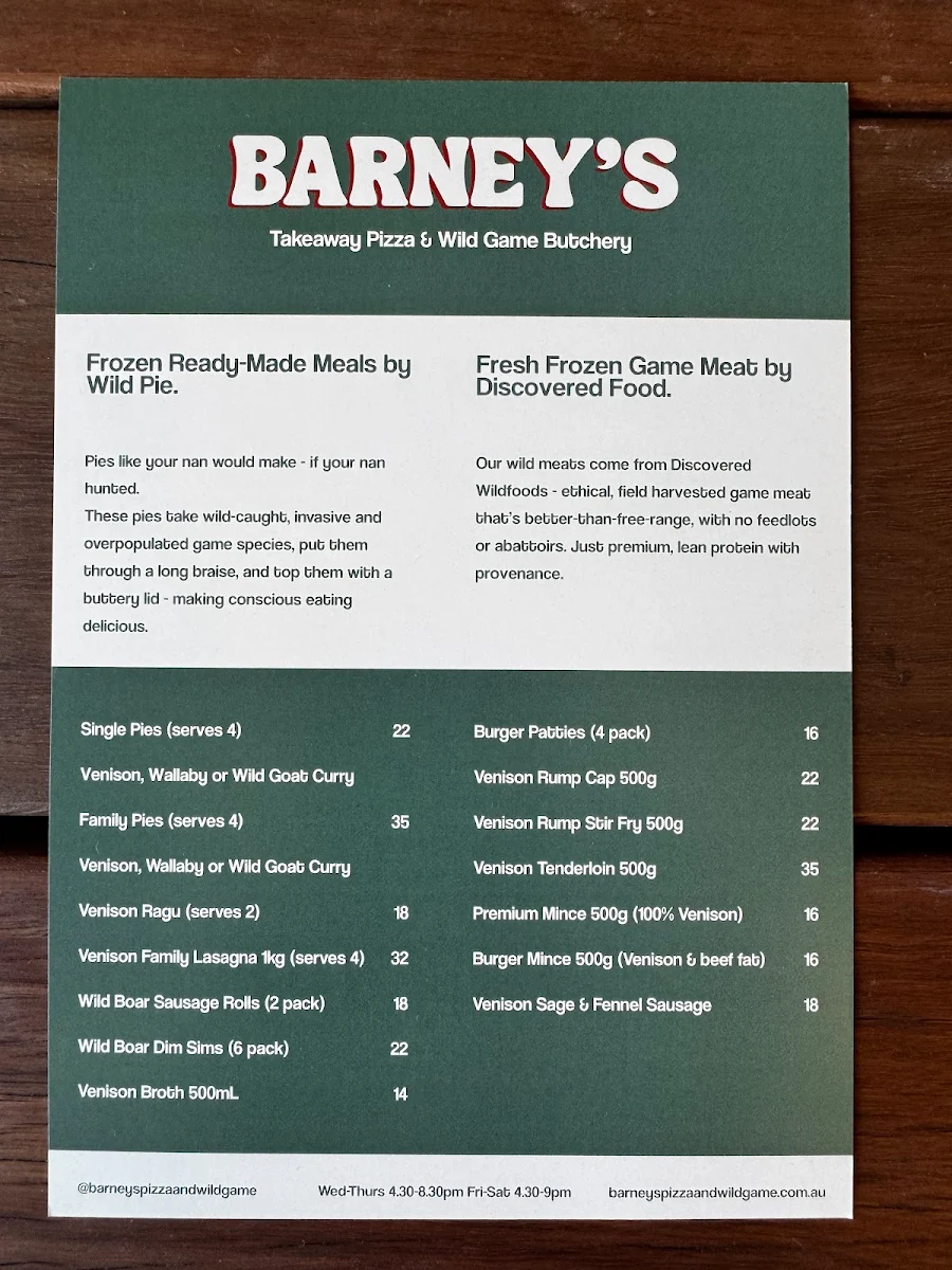 Menu, Barney's Takeaway Pizza & Wild Game Butchery