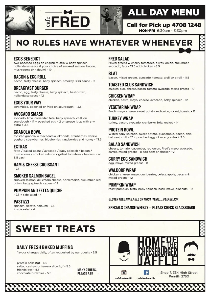 Menu, Cafe Fred