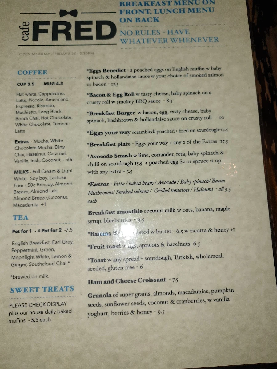 Menu, Cafe Fred