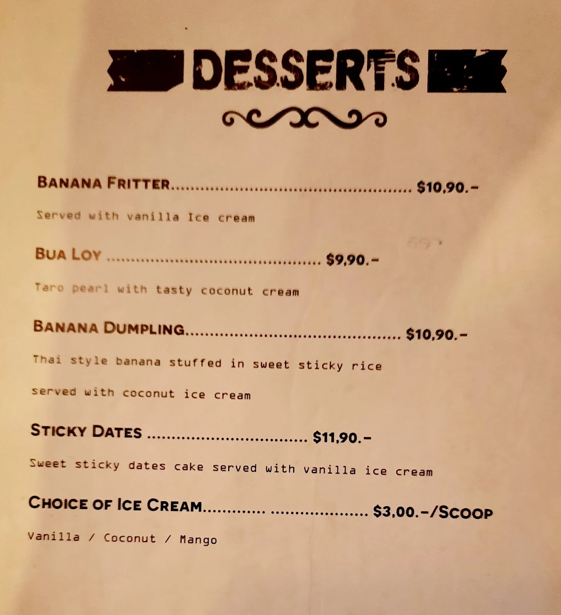 Menu, A Taste of Siam Restaurant