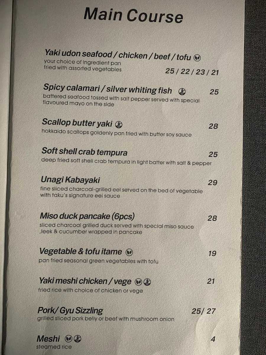 Menu, Taku
