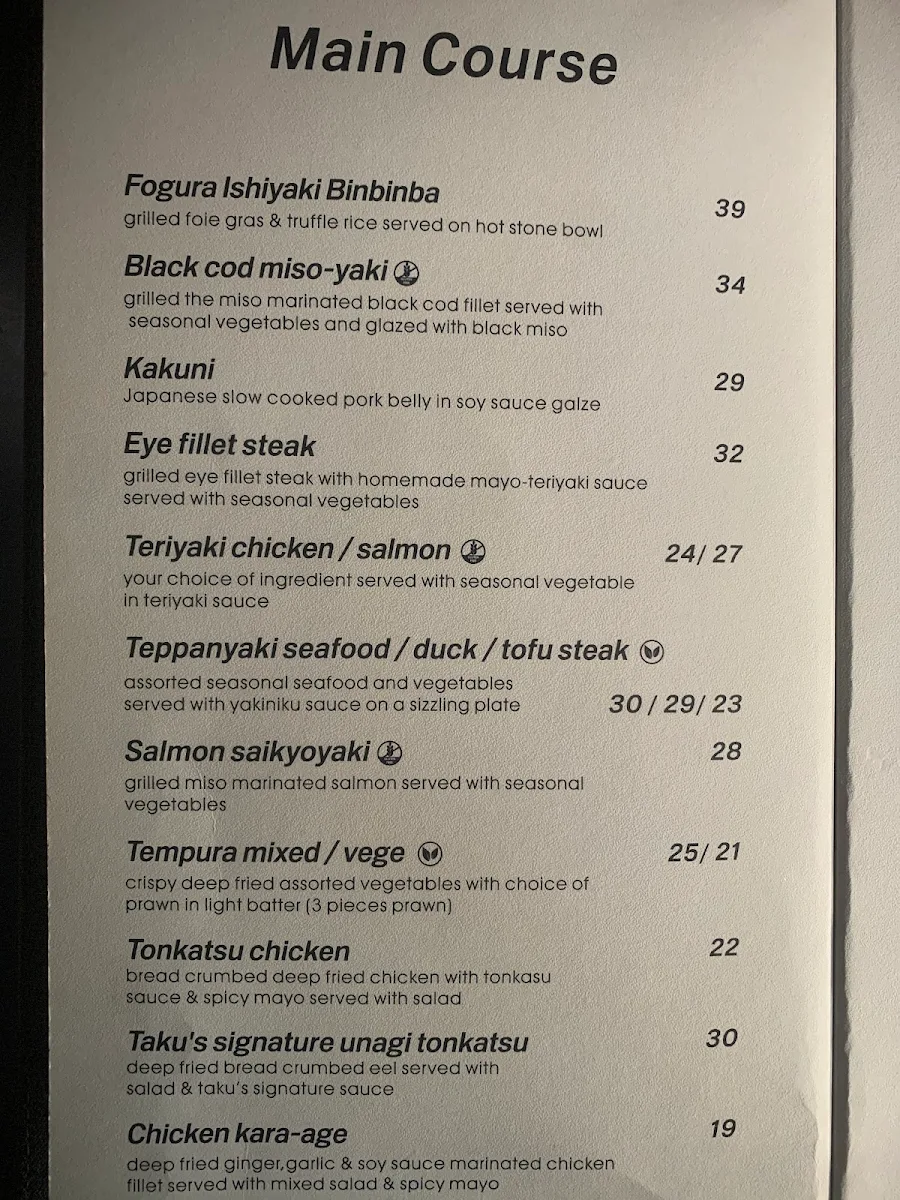 Menu, Taku