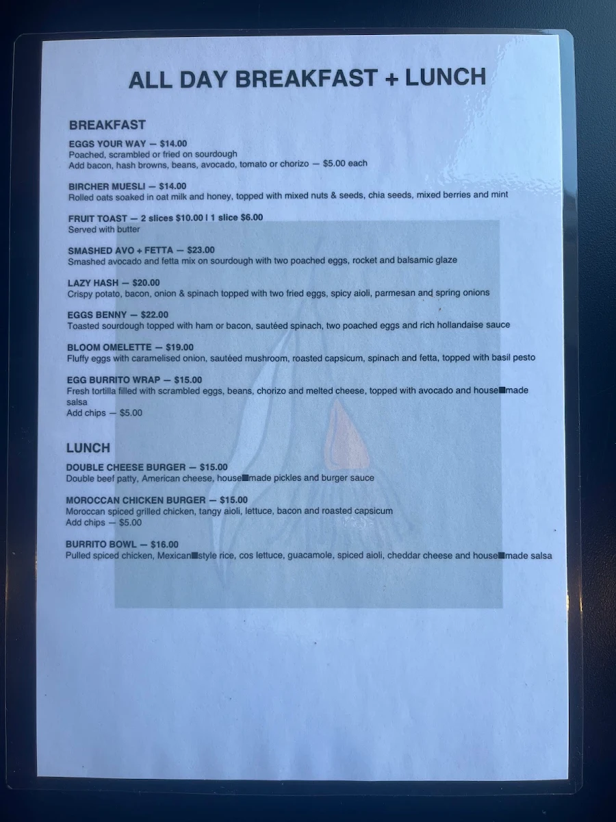 Menu, Brew+Bloom Cafe