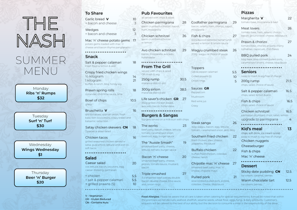 Menu, Australian National Hotel