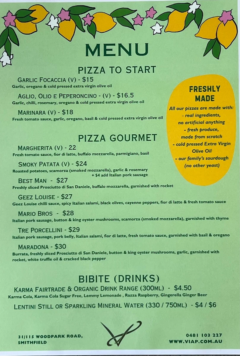 Menu, Verde Infinito Alfresco Pizzeria