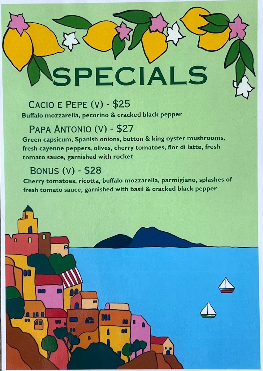 Menu, Verde Infinito Alfresco Pizzeria