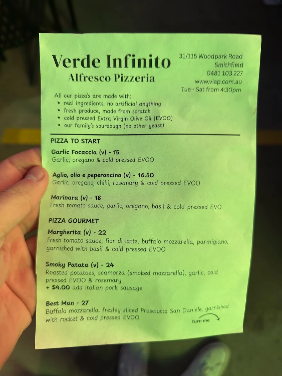 Menu, Verde Infinito Alfresco Pizzeria