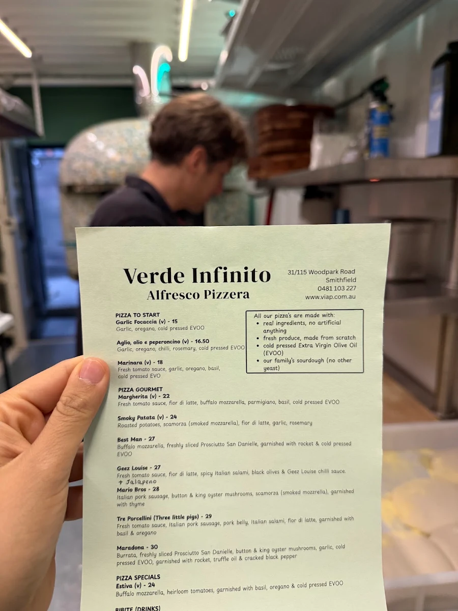 Menu, Verde Infinito Alfresco Pizzeria