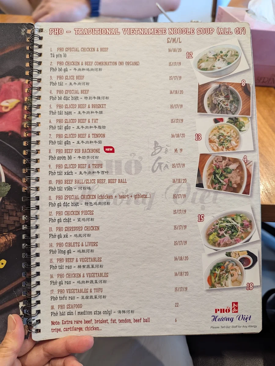 Menu, Pho Huong Viet 3