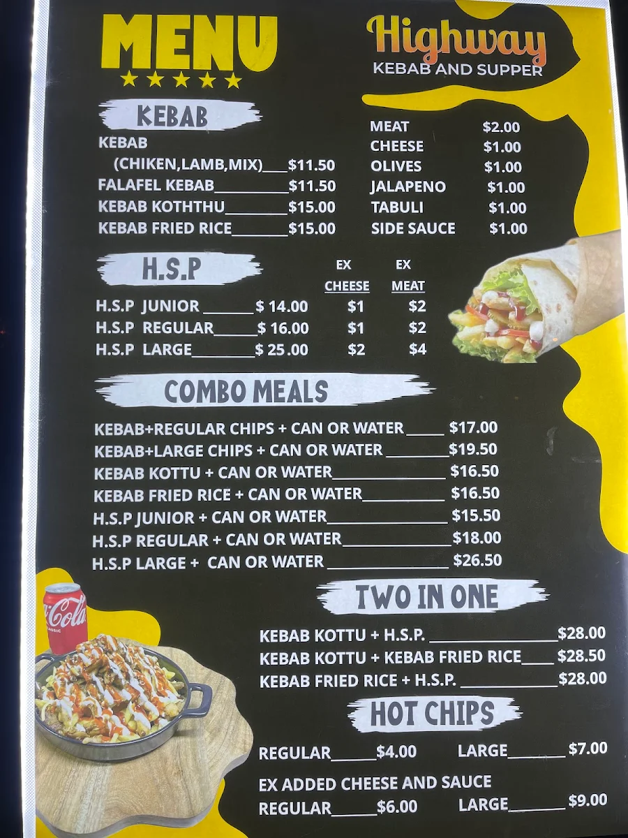 Menu, Highway Kebab and Supper