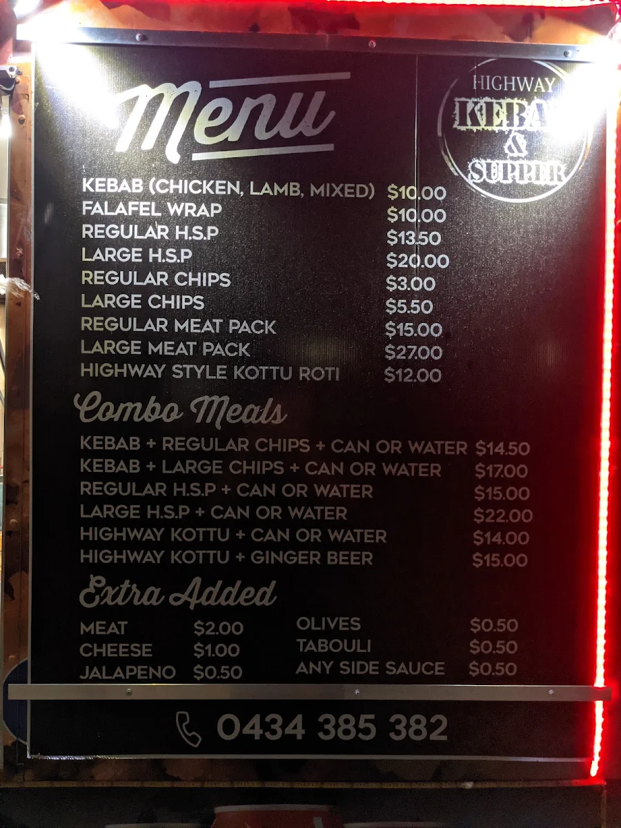 Menu, Highway Kebab and Supper