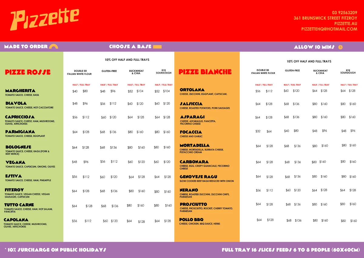 Menu, Pizzette | Italian Pizza Fitzroy