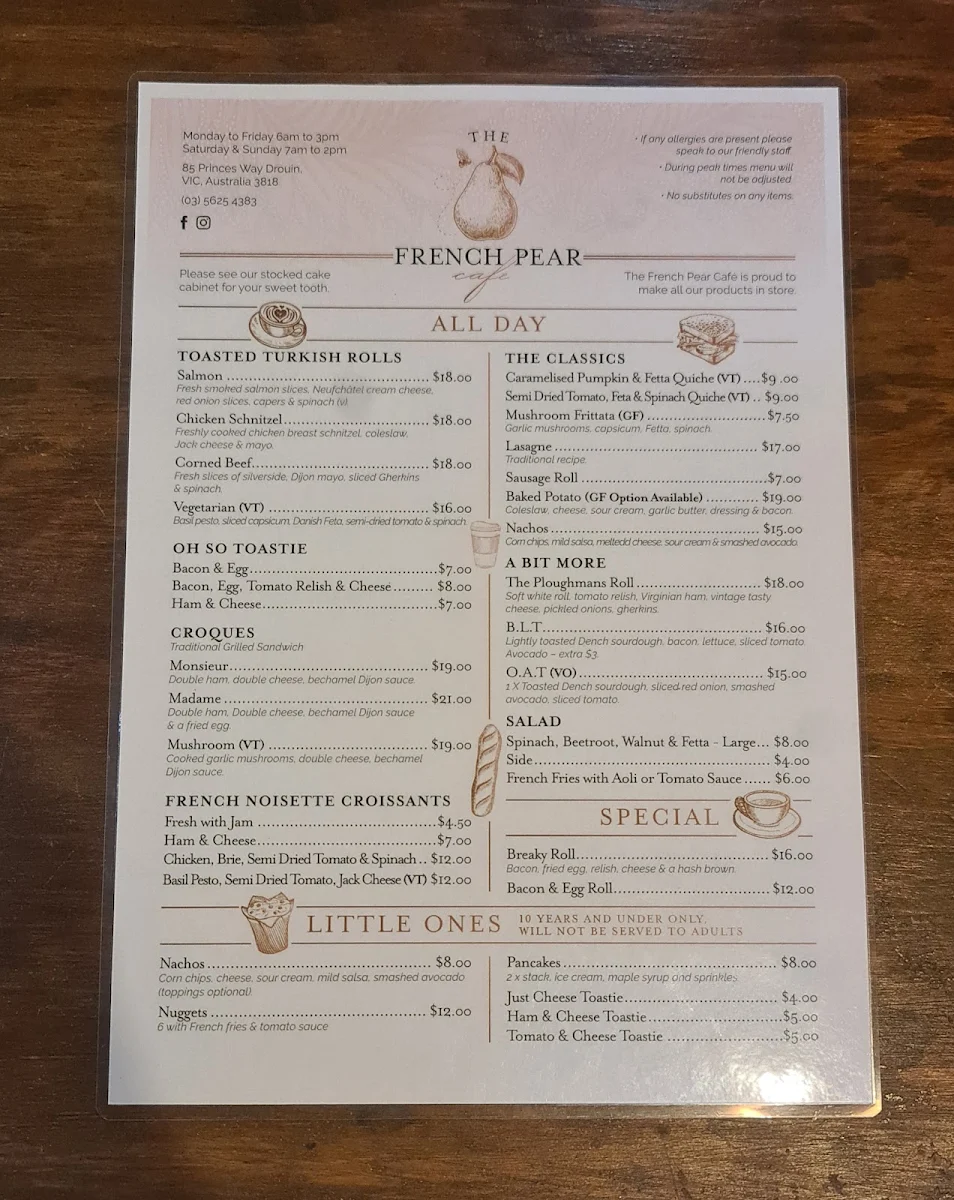 Menu, The French Pear Cafe