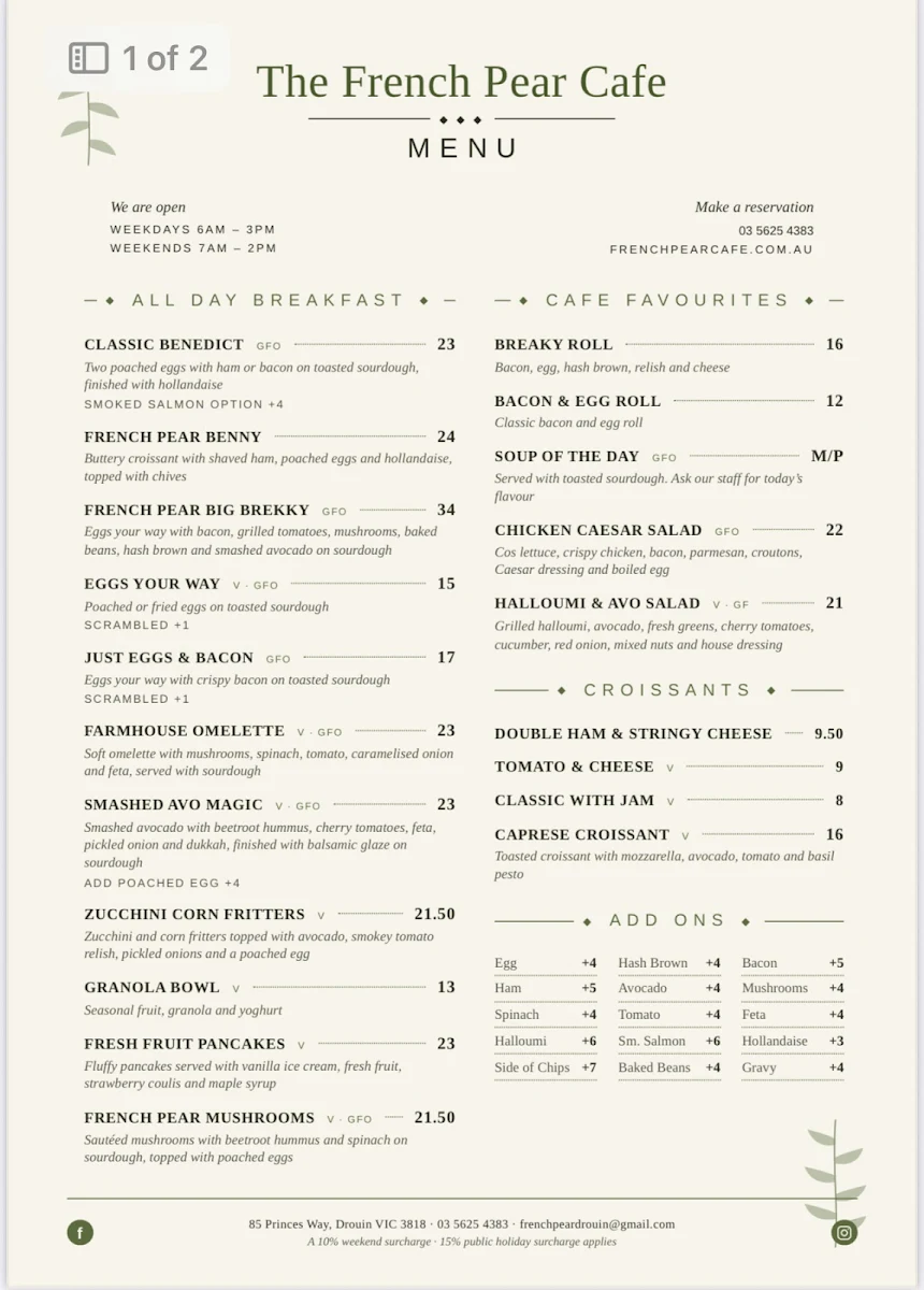 Menu, The French Pear Cafe