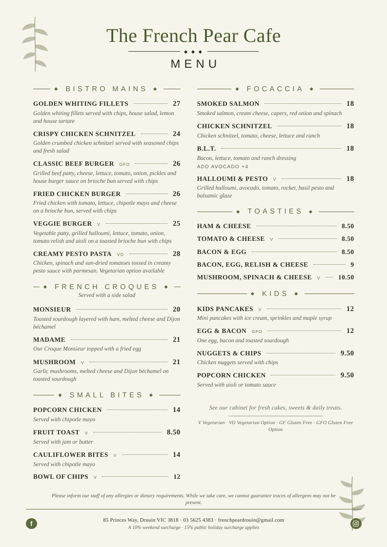 Menu, The French Pear Cafe