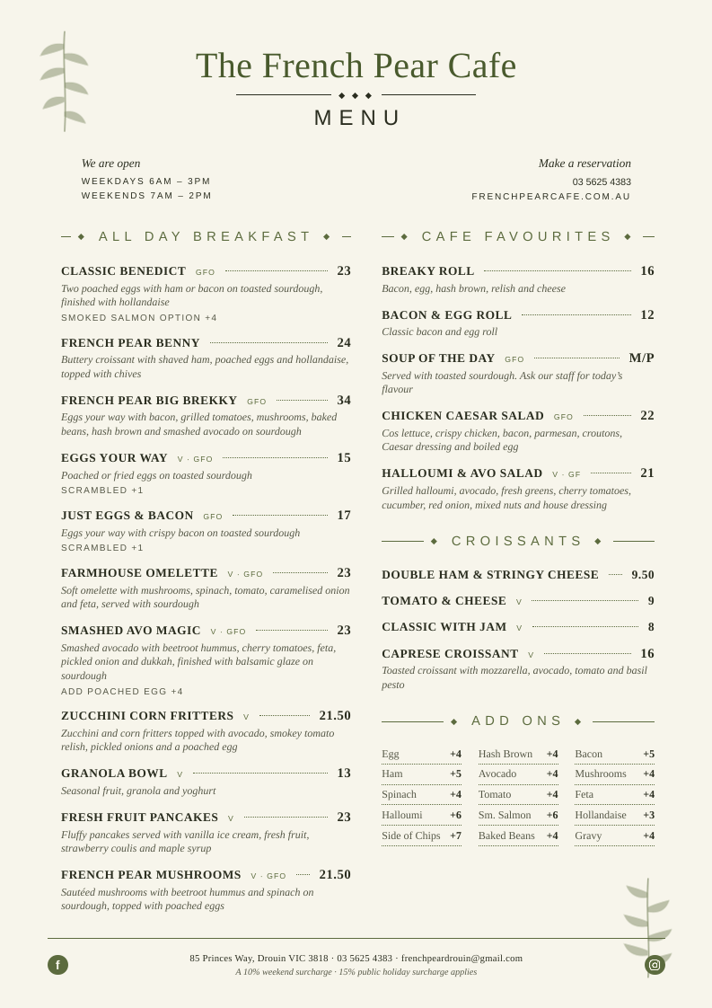 Menu, The French Pear Cafe