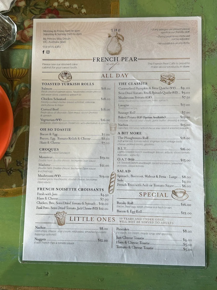Menu, The French Pear Cafe