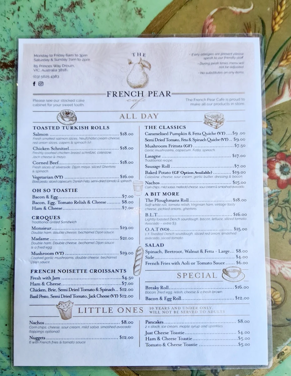 Menu, The French Pear Cafe