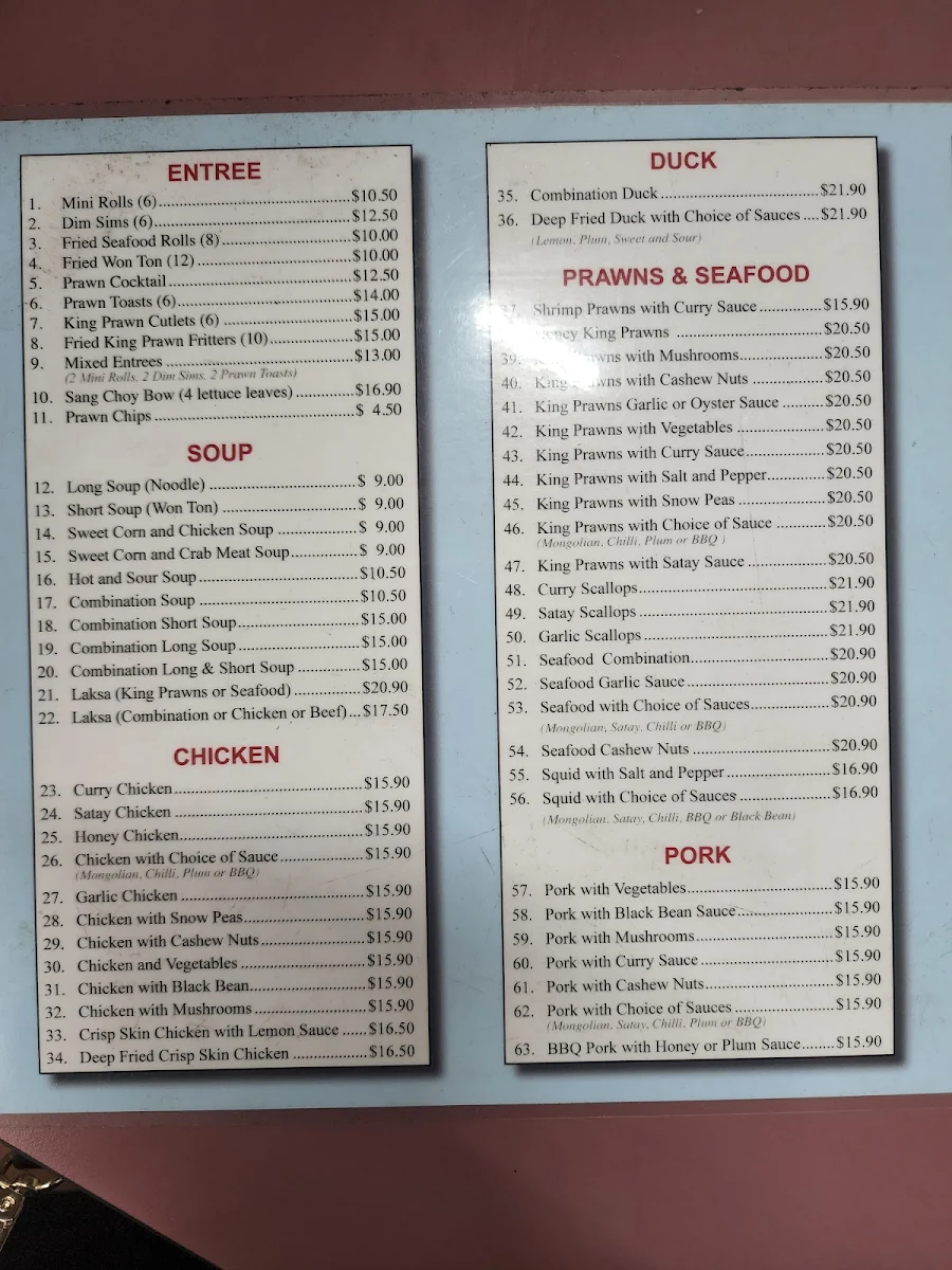Menu, Ming Fa Chinese Takeaway