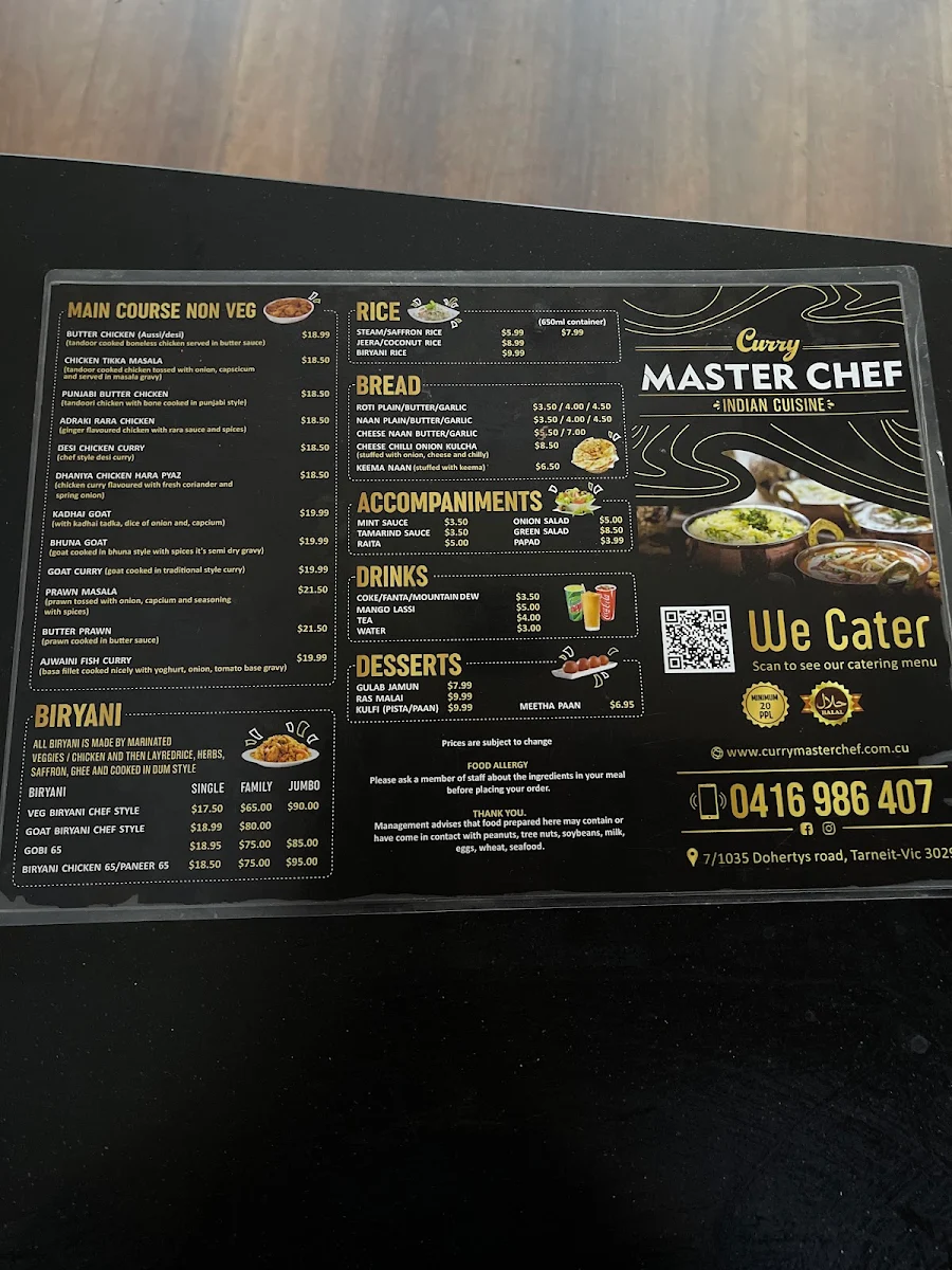 Menu, Curry Master Chef