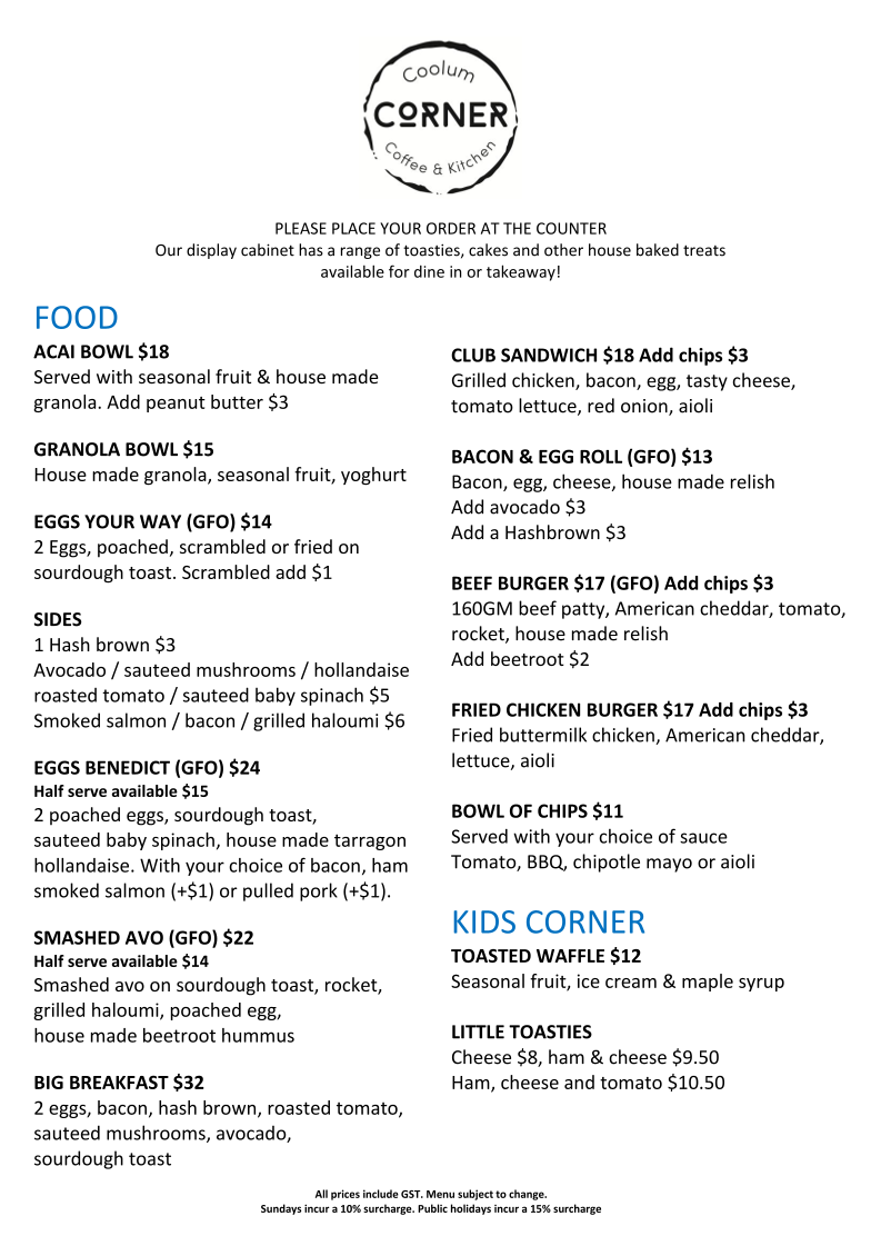 Menu, Coolum Corner
