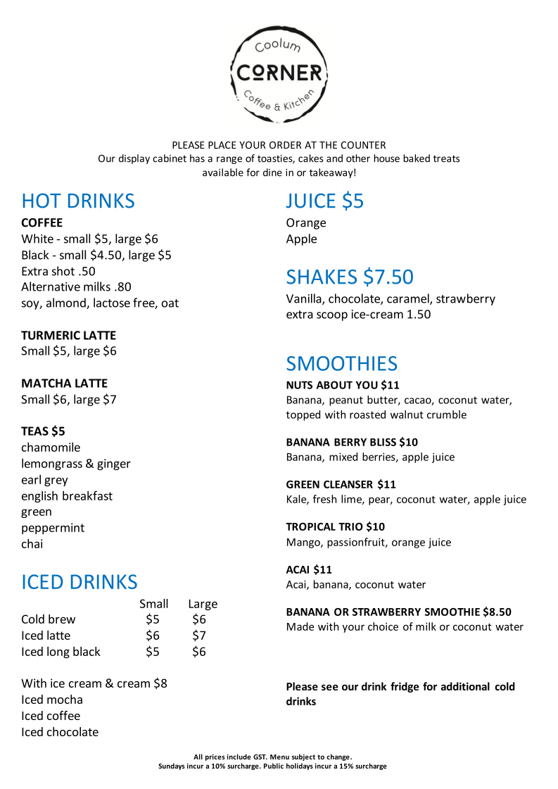 Menu, Coolum Corner