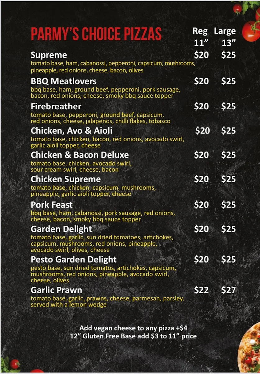 Menu, Parmy's Pizzeria