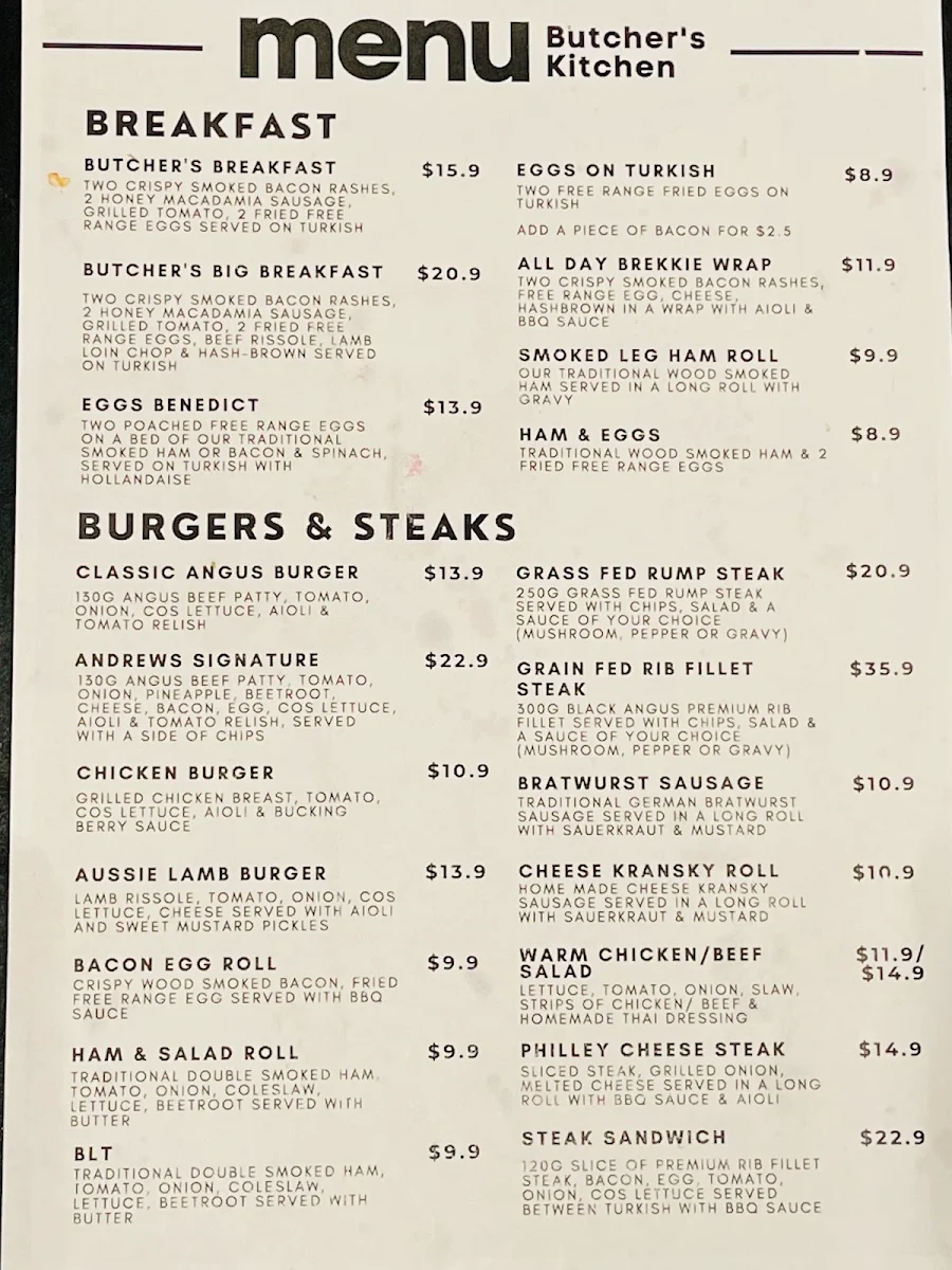Menu, The Butcher’s Kitchen