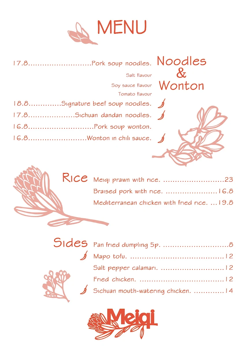 Menu, Meiqi Noodle Restaurant