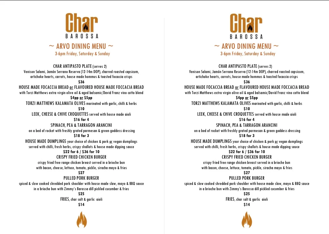 Menu, Char Barossa