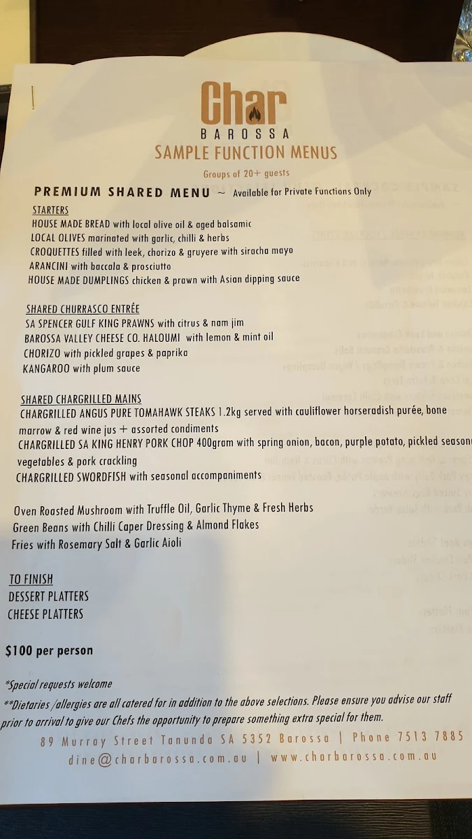Menu, Char Barossa