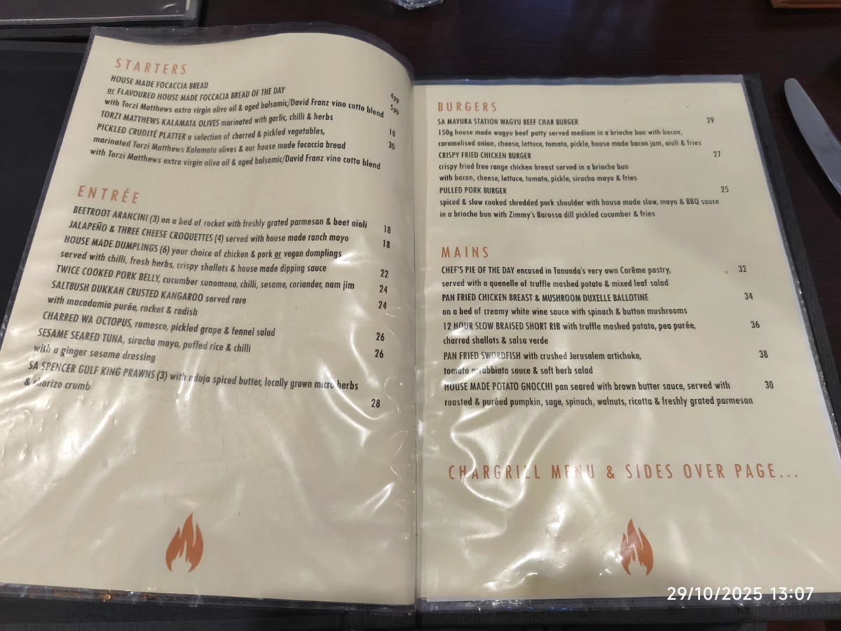 Menu, Char Barossa