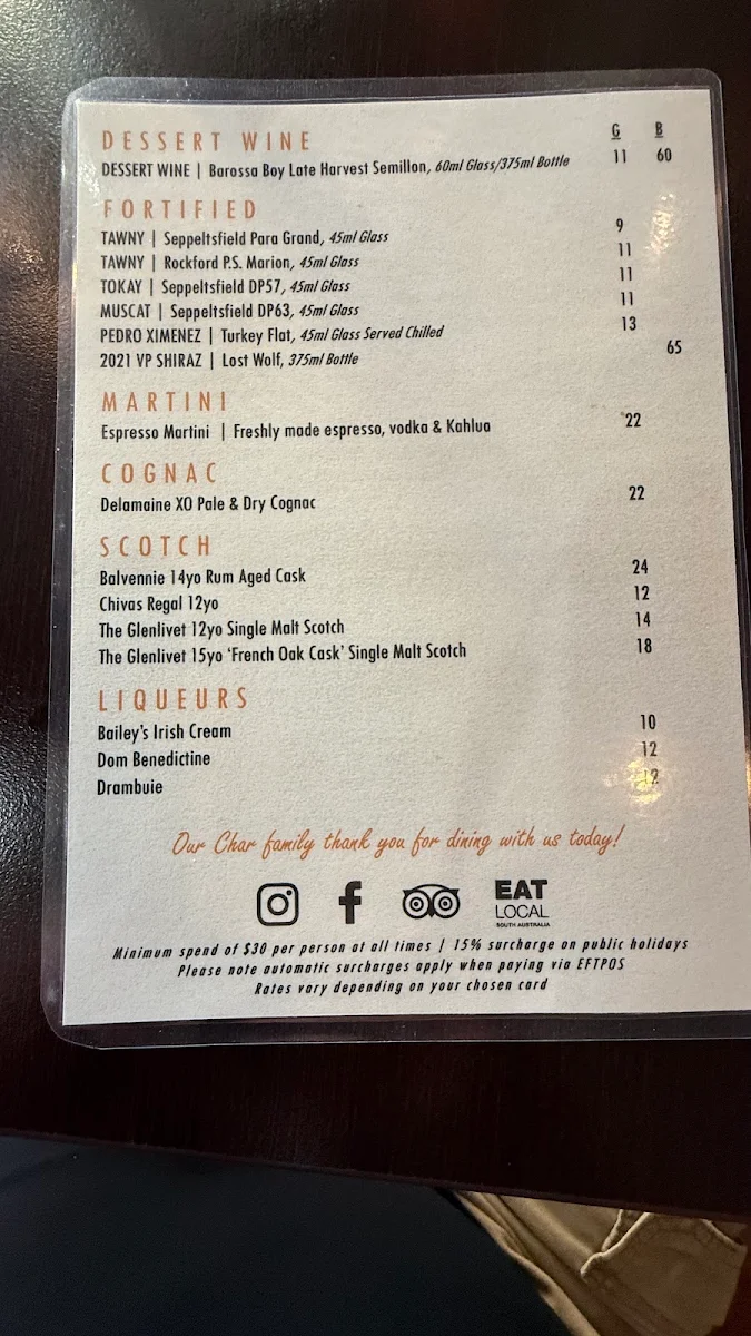 Menu, Char Barossa