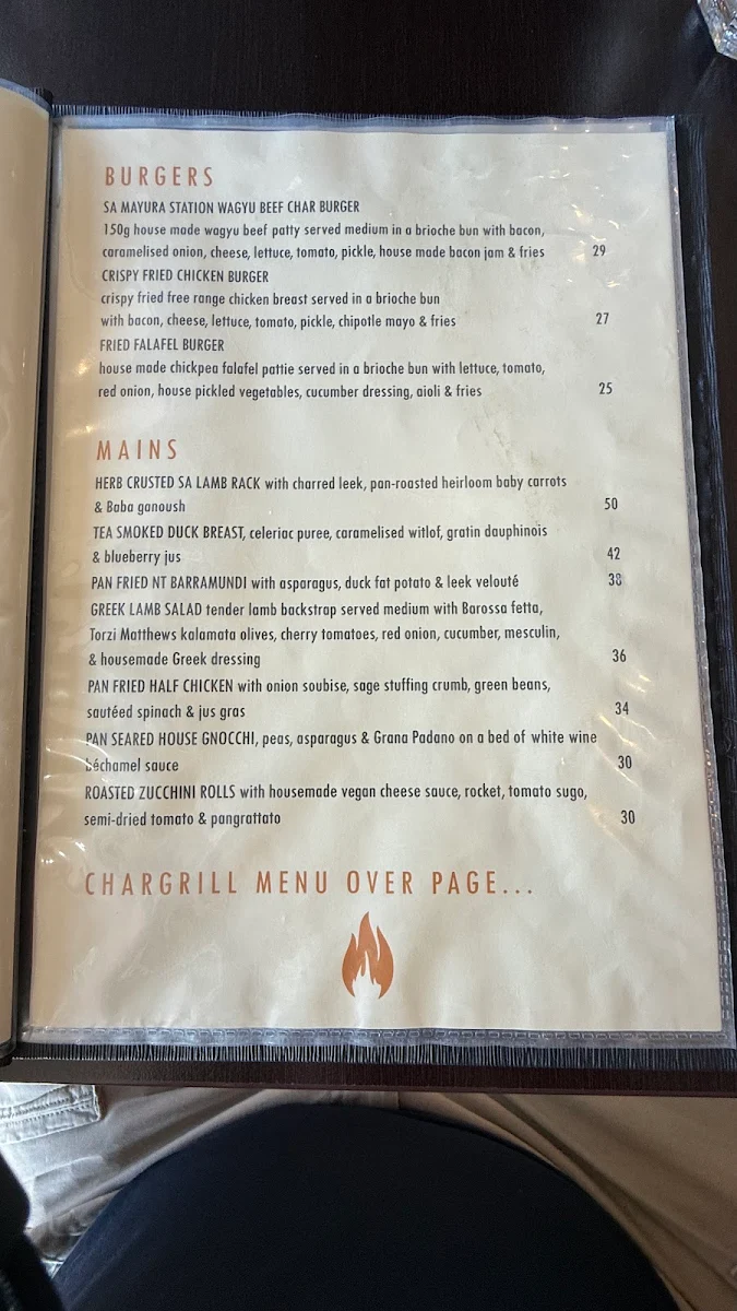 Menu, Char Barossa