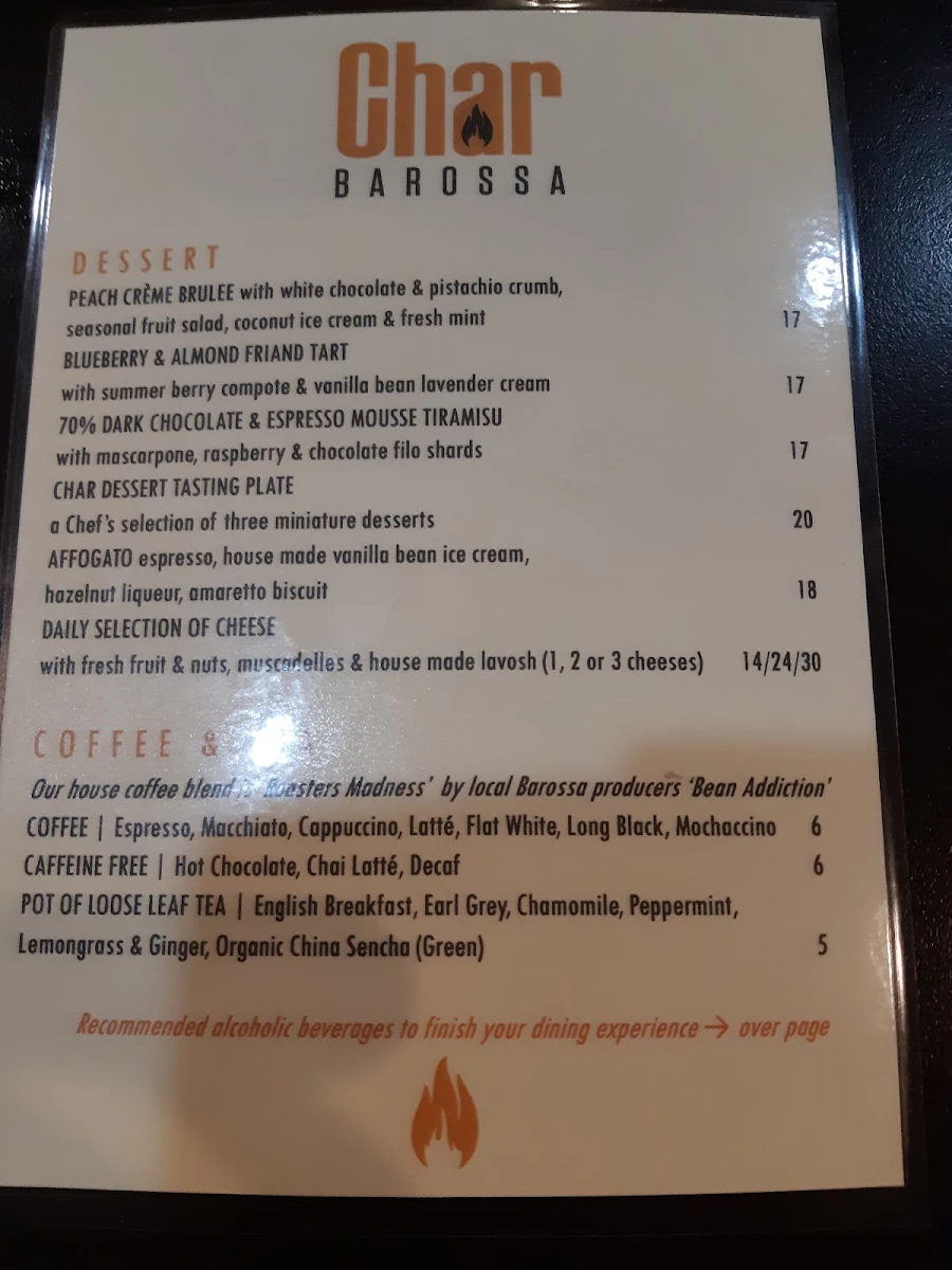 Menu, Char Barossa