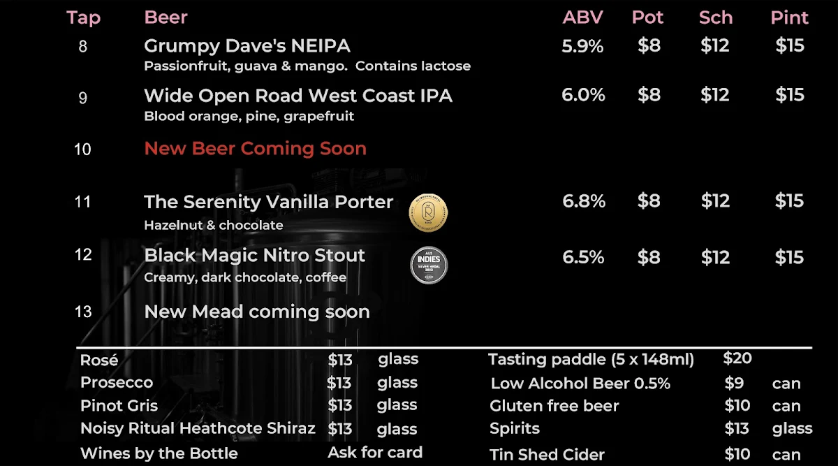 Menu, Gales Brewery