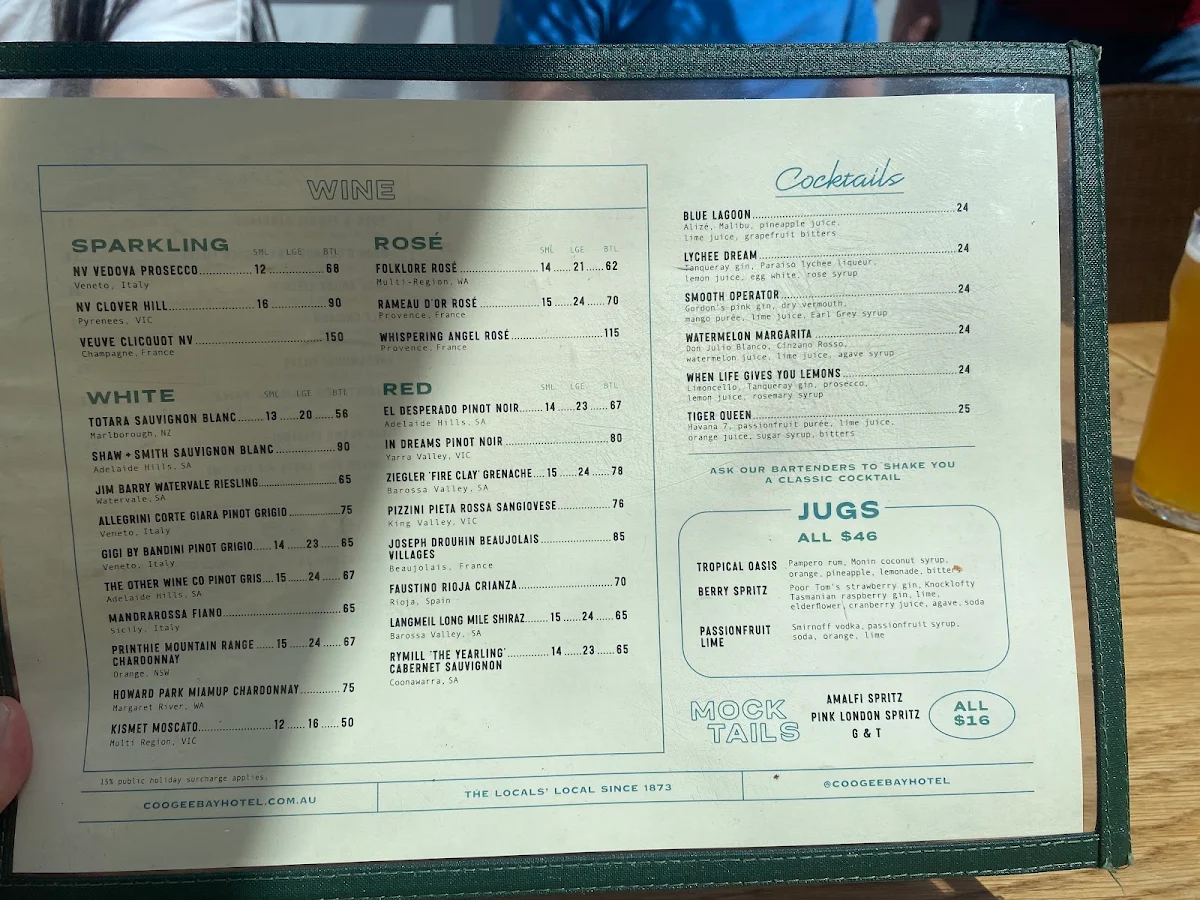 Menu, Coogee Bay Hotel