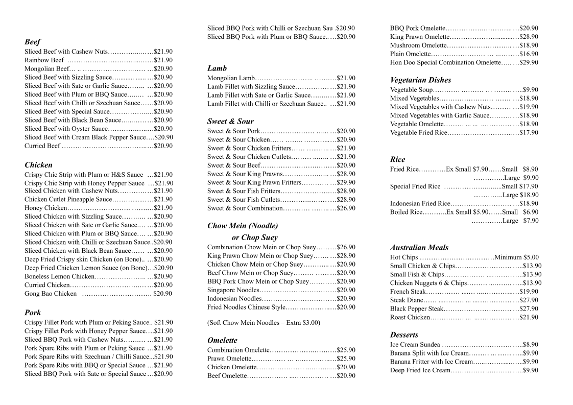 Menu, Hon Doo Restaurant