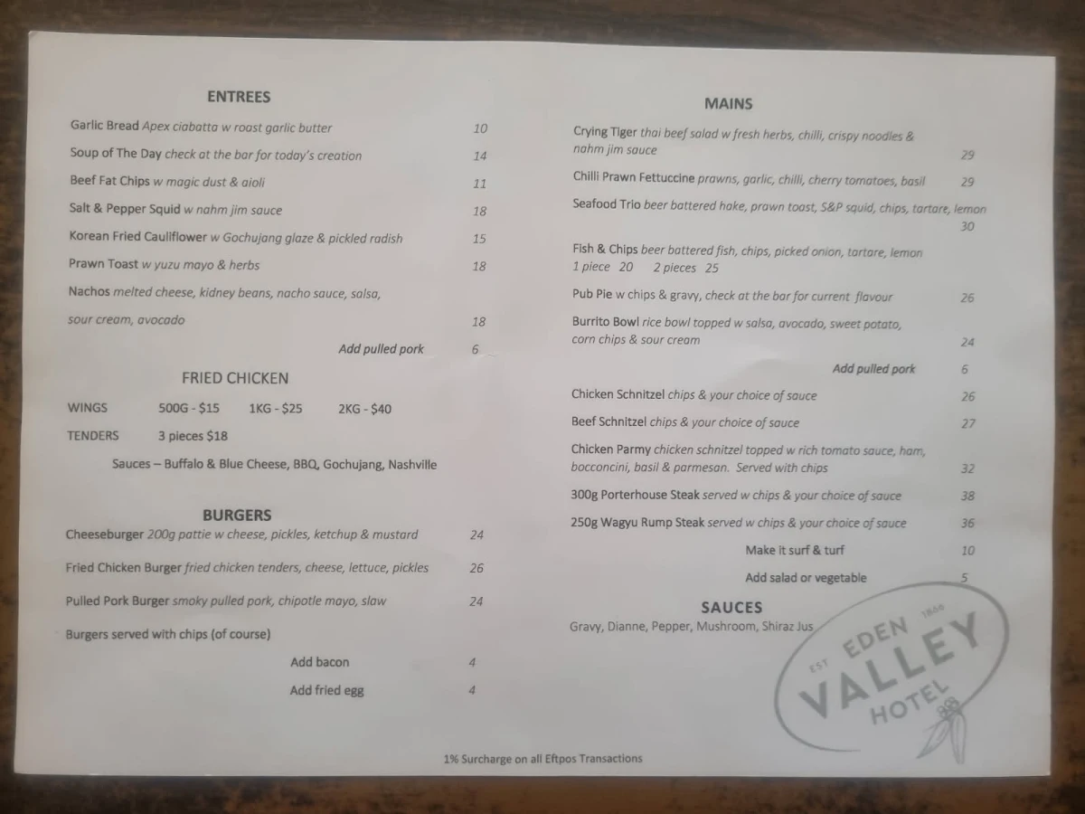 Menu, Eden Valley Hotel