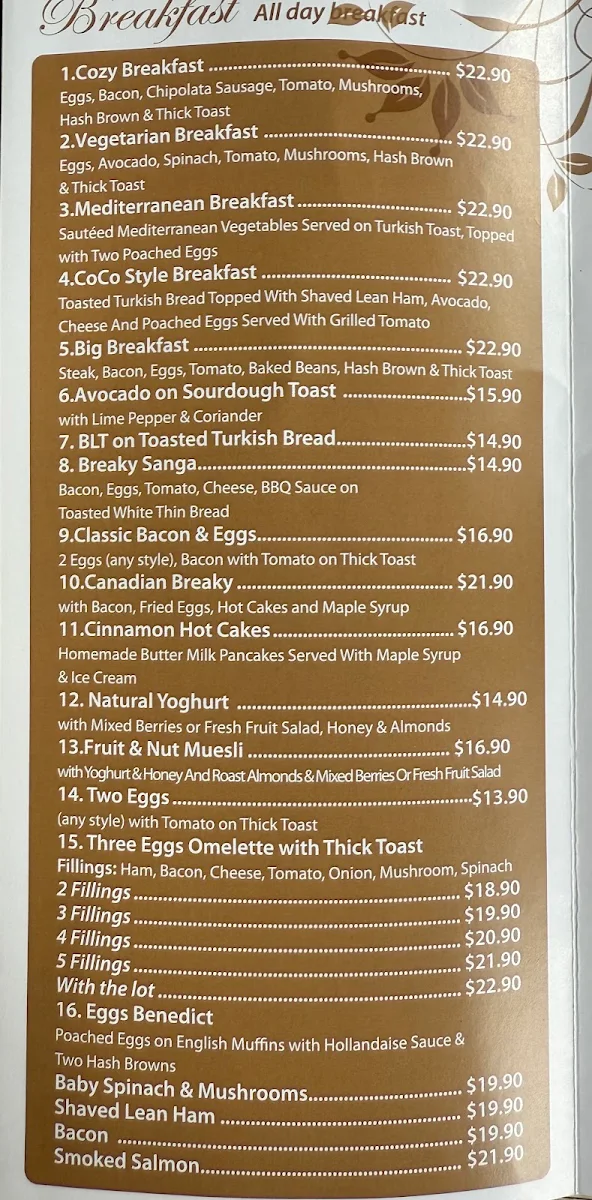 Menu, Coco Cozy Cafe