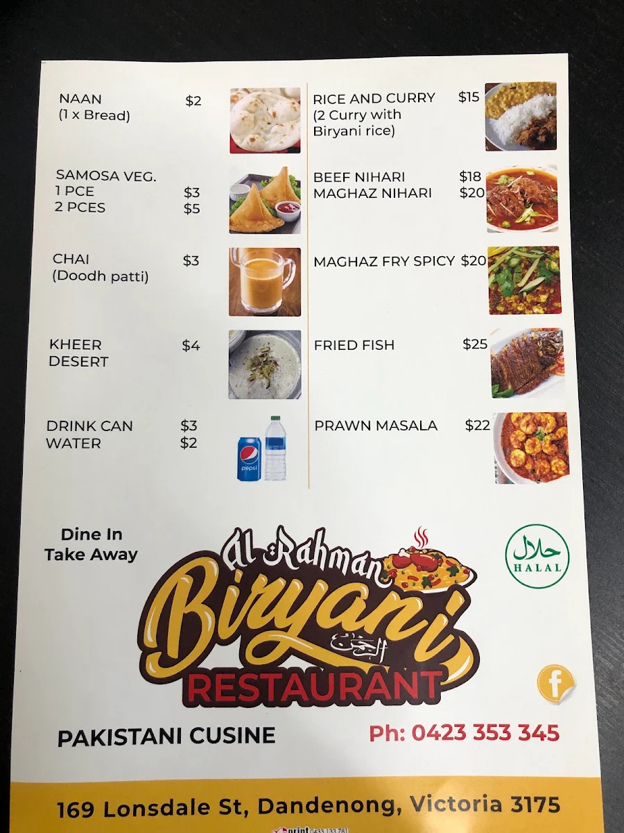 Menu, Al Rahman Biryani Restaurant