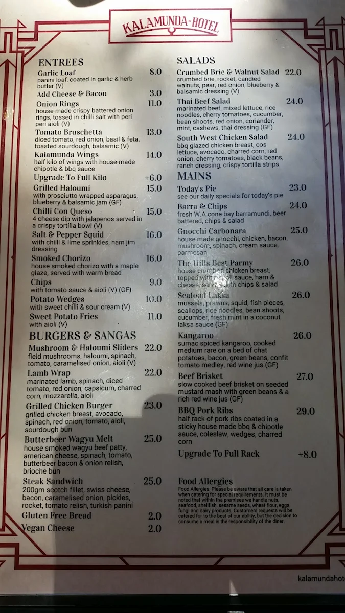 Menu, Kalamunda Hotel