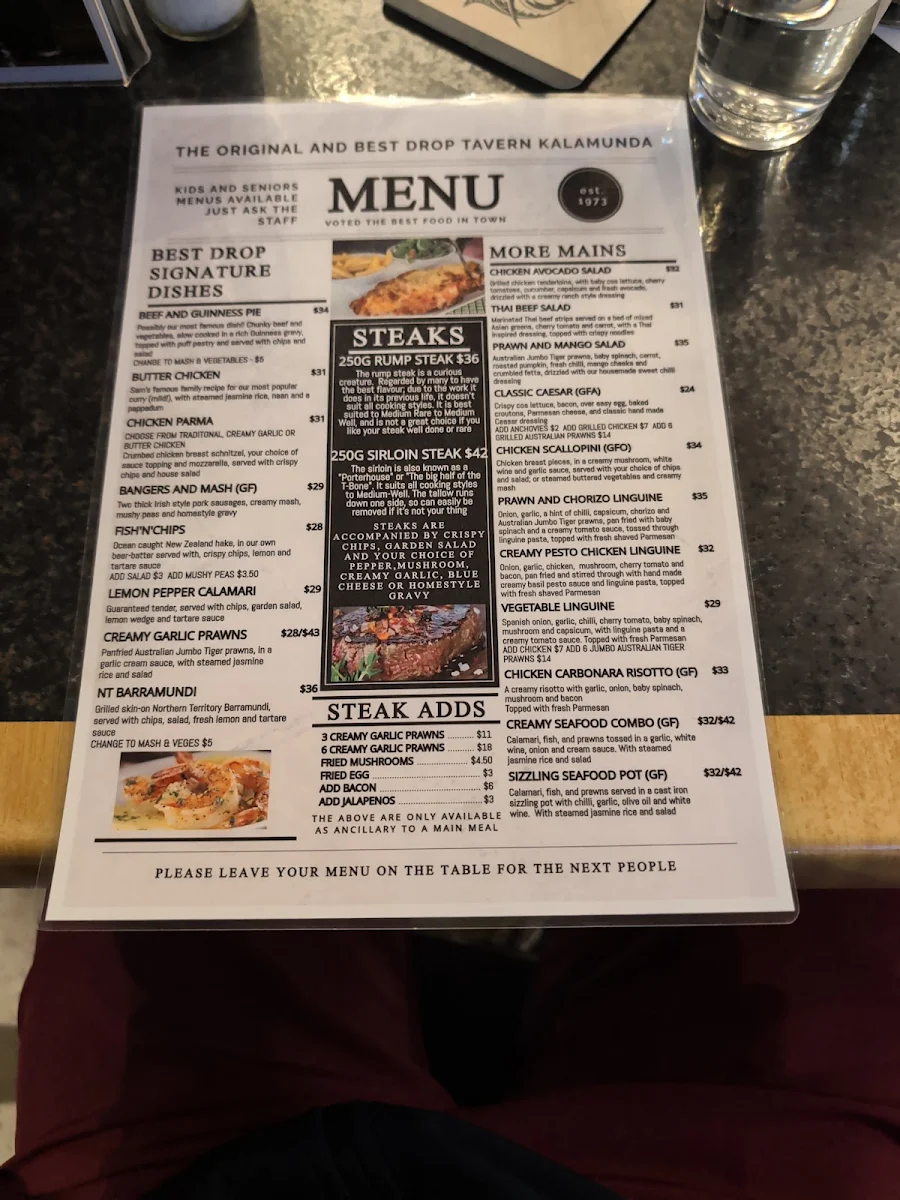 Menu, Kalamunda Hotel