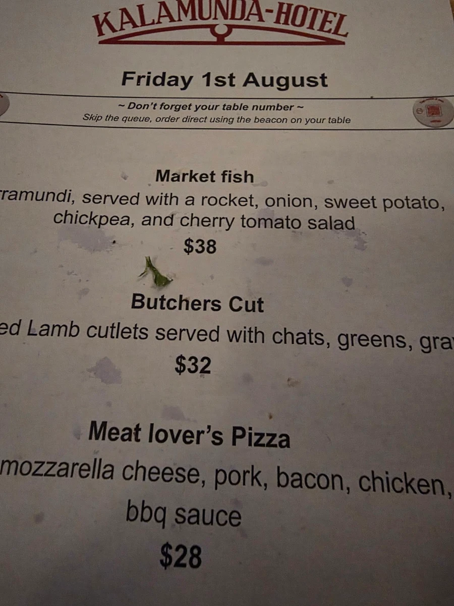 Menu, Kalamunda Hotel