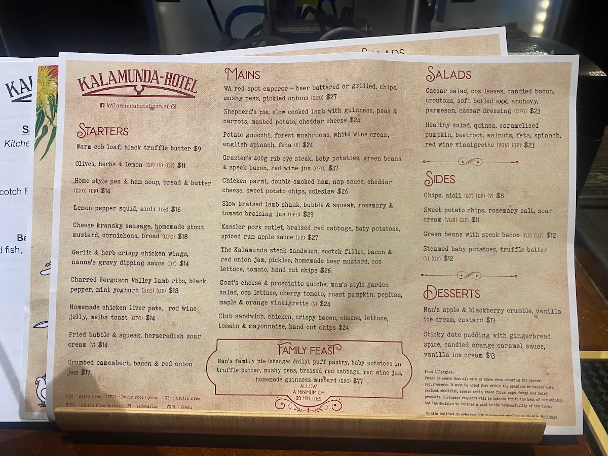 Menu, Kalamunda Hotel