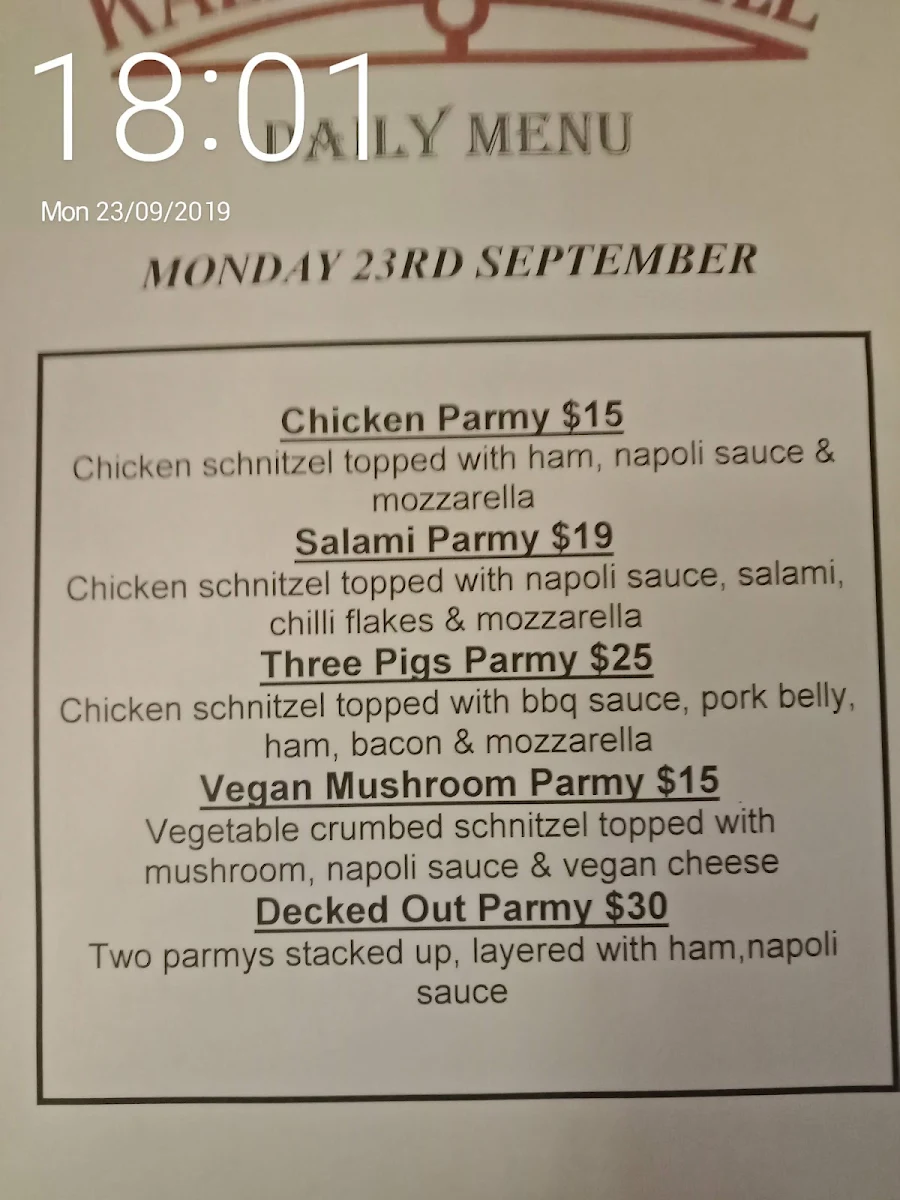 Menu, Kalamunda Hotel