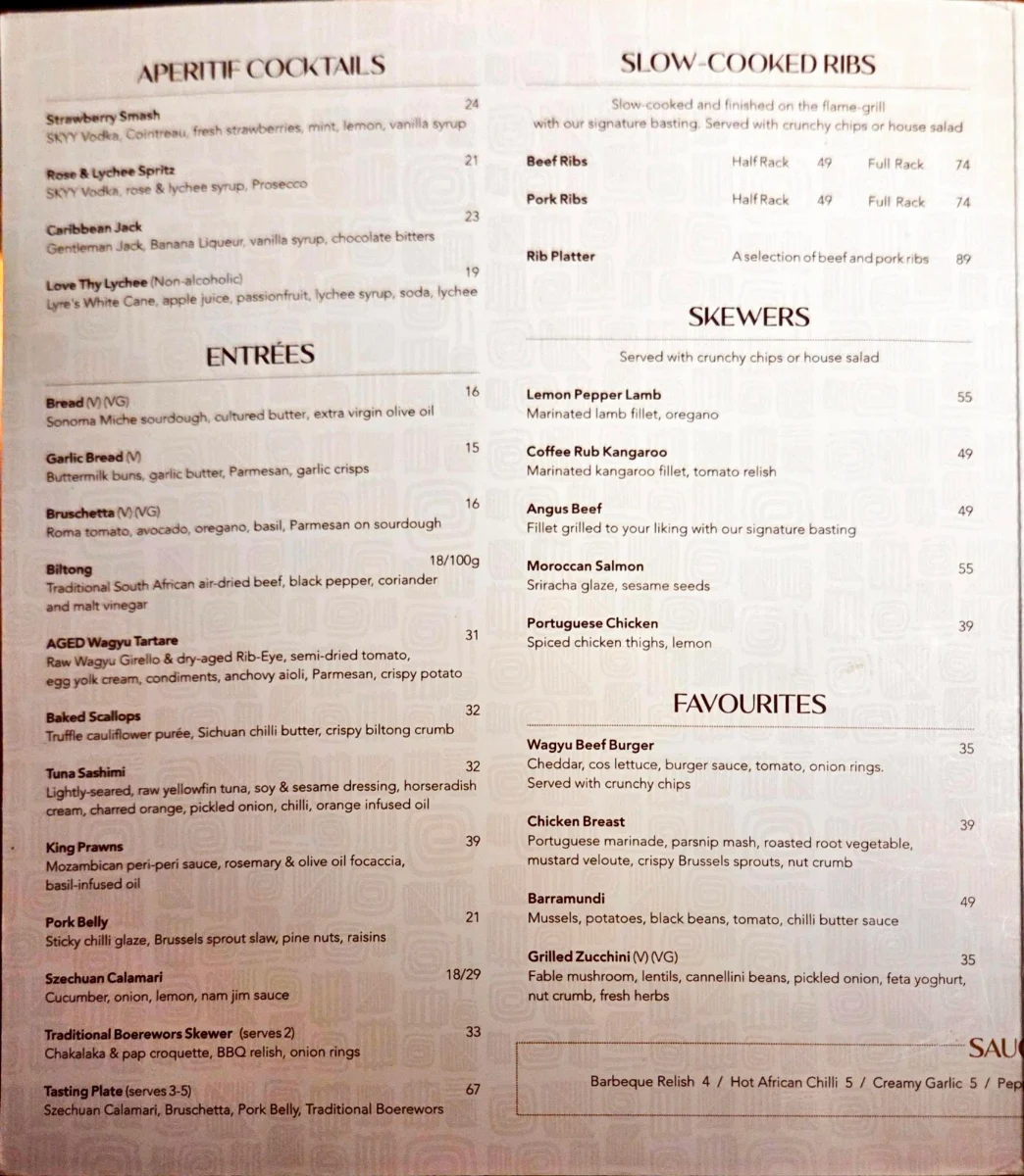 Menu, The Meat & Wine Co Sydney CBD Castlereagh St